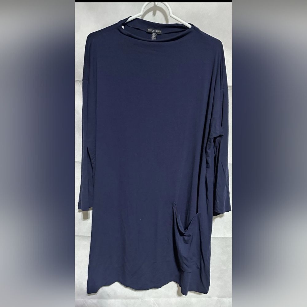 Eileen Fisher Women's SZ XL Navy Blue Viscose Jersey Funnel Neck Pocket Tunic